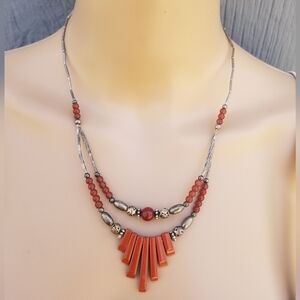 VINTAGE NATIVE AMERICAN LAYERED SILVERTONE BEADED & RED JASPER GEMSTONE NECKLACE